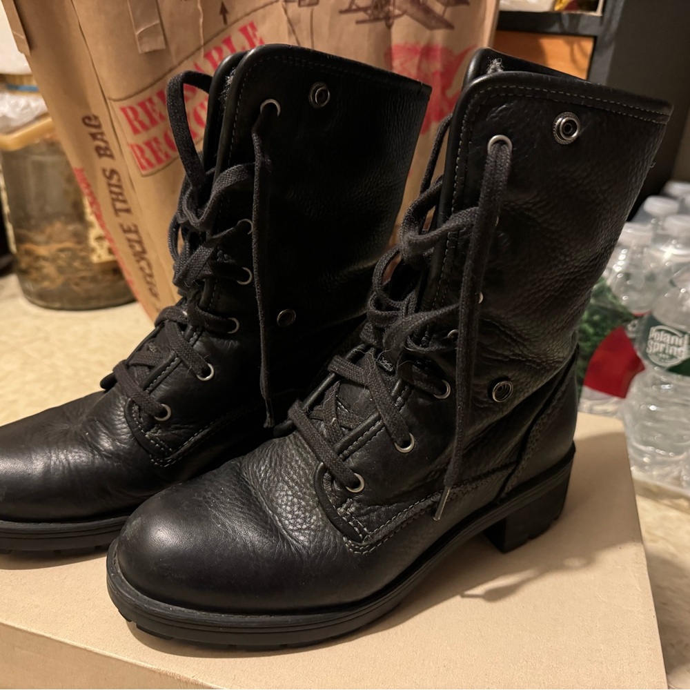 Clarks Black Leather Lace-Up Women's Combat Boots